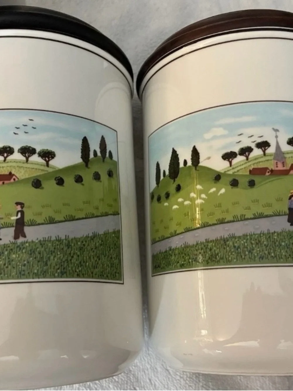 Villeroy & Boch Cream Ceramic Canister Set with Brown Lids and Pastoral Scenes